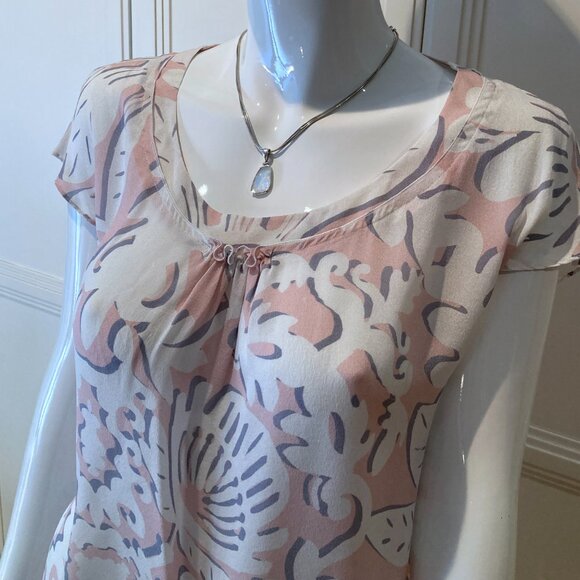 Escada 100% Silk Pink White Grey Abstract Print Blouse Women's Size 40 US 10 - Picture 2 of 9